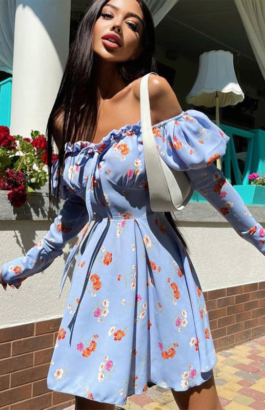 Lace-Up Off Shoulder Collar Printed Shirt Long-Sleeved Dress