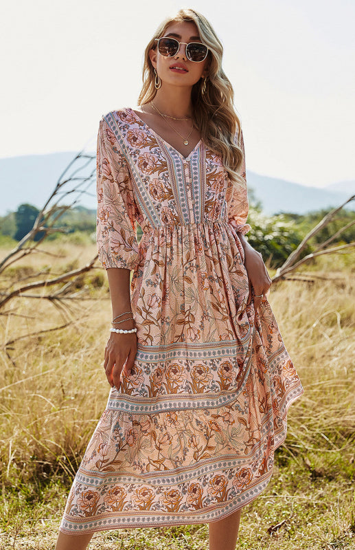 Women'S 3/4 Sleeve Boho Print Maxi Dress