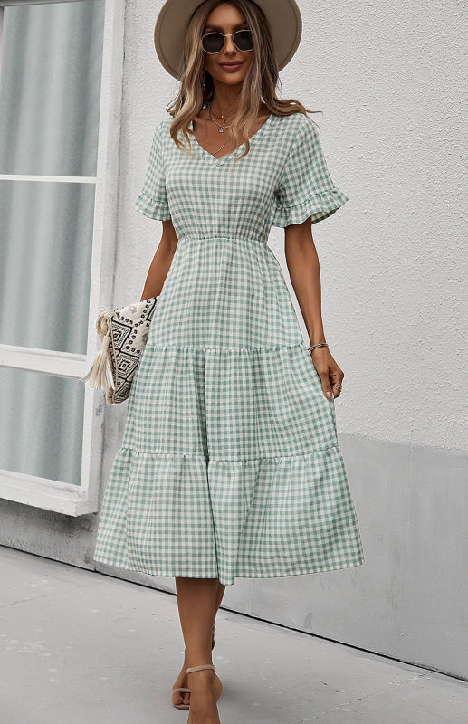 Women's spring and summer sexy big swing skirt plaid temperament dress