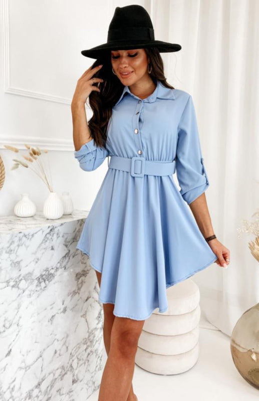 Lapel Button Solid Color Roll Sleeves Nipped Waist Shirt Dress