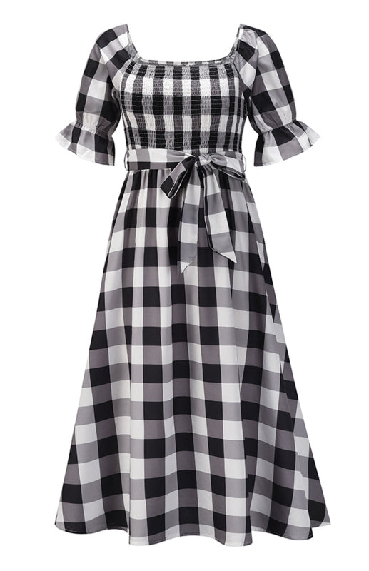 Women's Plaid Waist Wrap Chest Tie Sexy Print Casual Dress