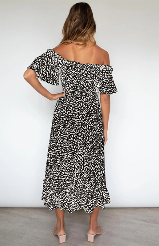 Women's Short-Sleeved, Off-The-Shoulder Leopard Print Dress