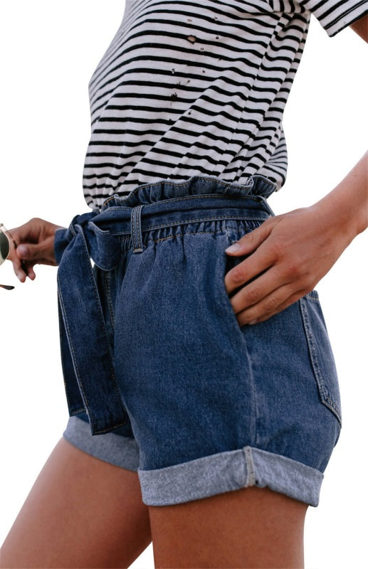 Women's Fashion Paper Bag Waist Denim Shorts