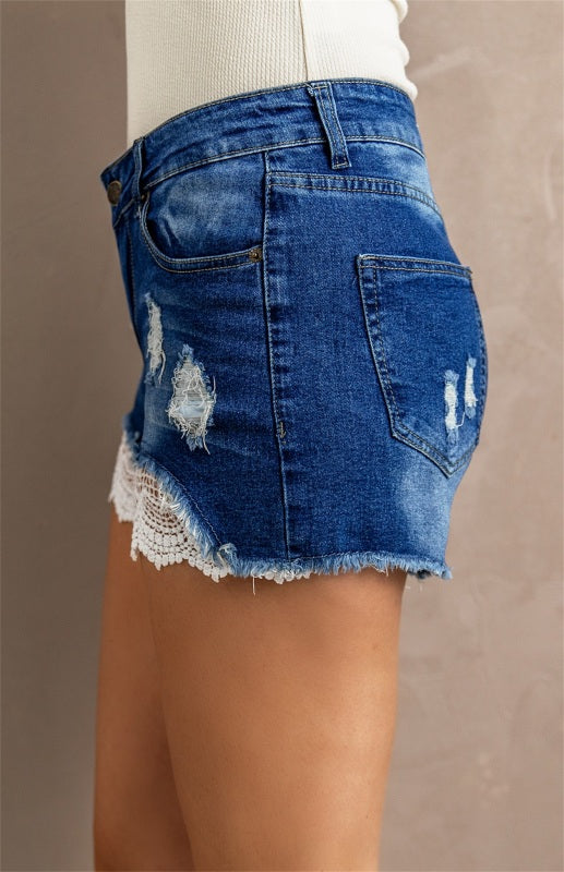 Women's Fashion Lace Splicing Distressed Denim Shorts