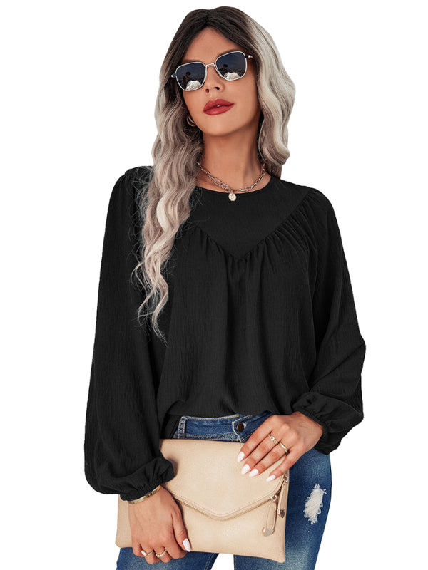 Women’s Loose Fit Solid Color Long Sleeve Linen Blouse With Pleated V Hem Across The Chest