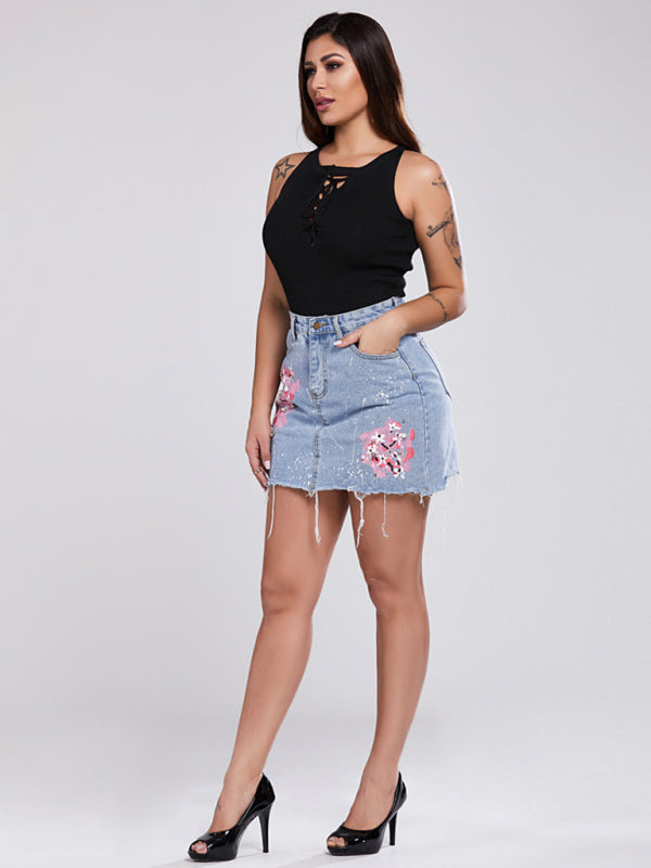 Women's Printed Raw Edge Half Body Thin Denim Skirt