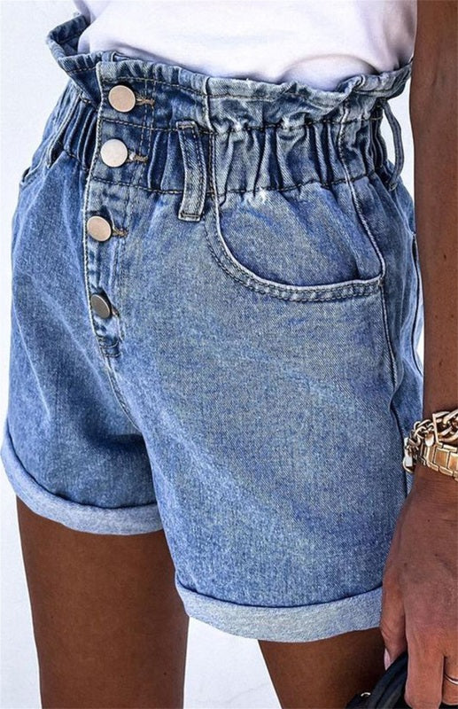 Women's Gray Ruffled High Waist Buttoned Denim Shorts