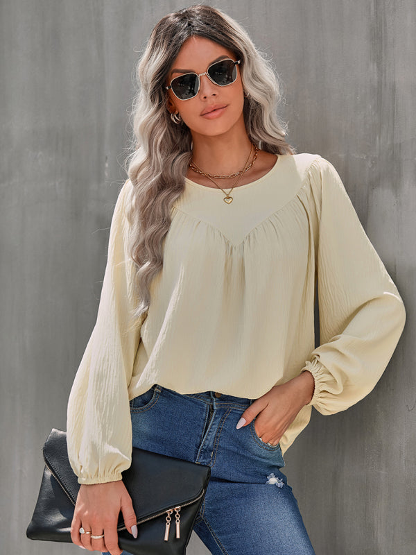 Women’s Loose Fit Solid Color Long Sleeve Linen Blouse With Pleated V Hem Across The Chest