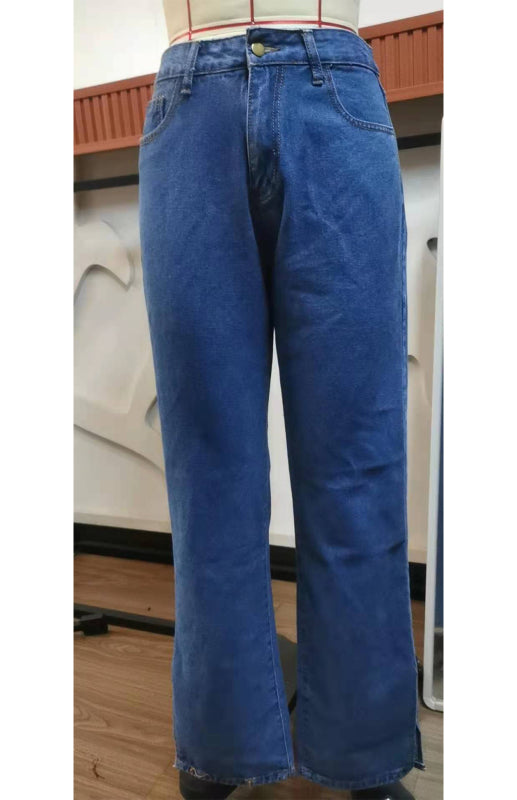 Women's Washed Slit Mid-Waist Denim Trousers