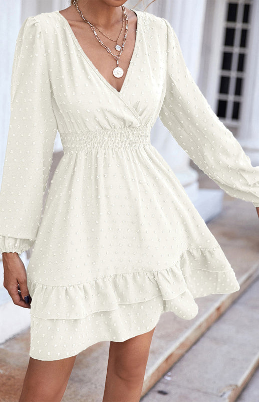 Ladies V-Neck Dress With Long Sleeves And Flounces