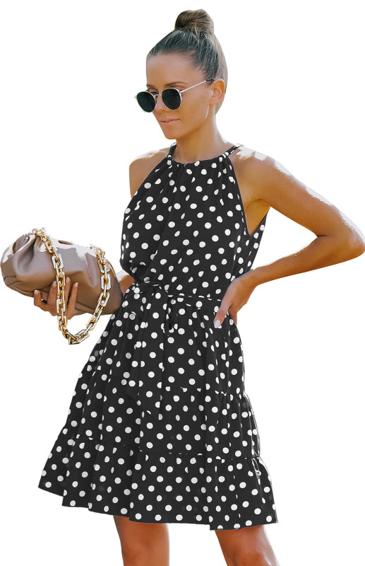 Women's Summer Round Neck Sleeveless Chiffon Polka Dot Dress