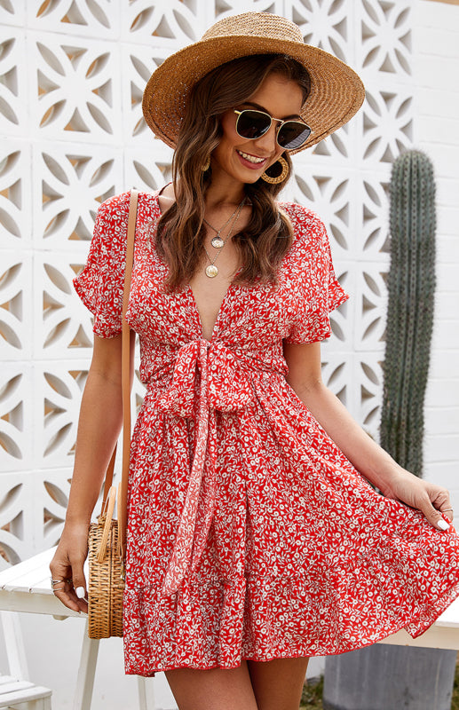 Women's Sexy Deep V Ruffle Floral Spring Dress