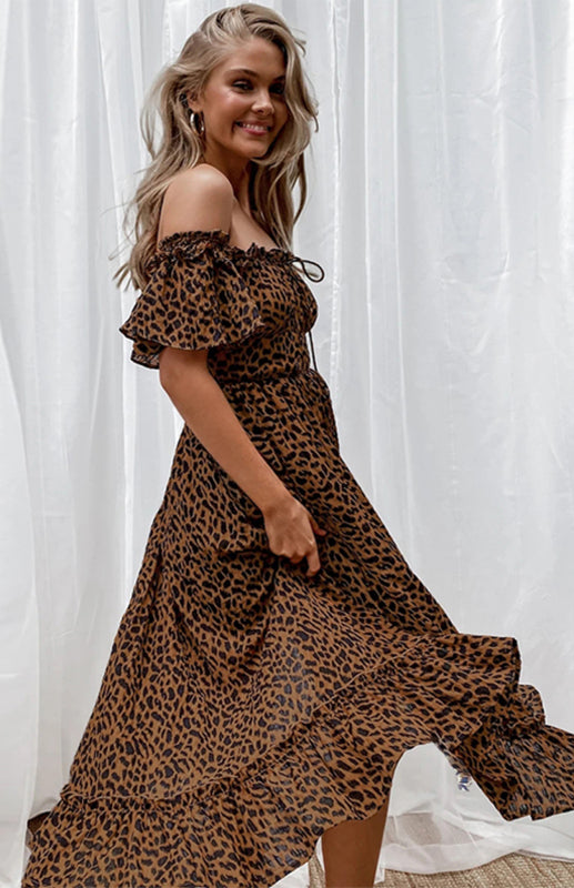 Women's Short-Sleeved, Off-The-Shoulder Leopard Print Dress