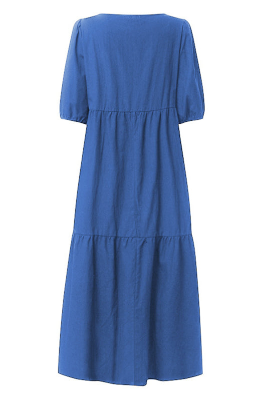 Linen Blend Round Neck Puff Sleeve Babydoll Midi Dress