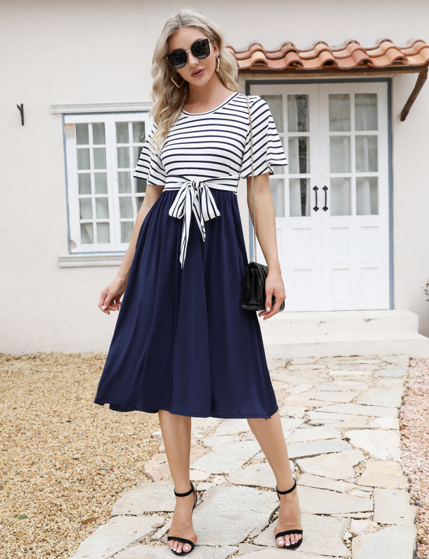 Ladies Casual Fashion Tie Waist Striped Dress