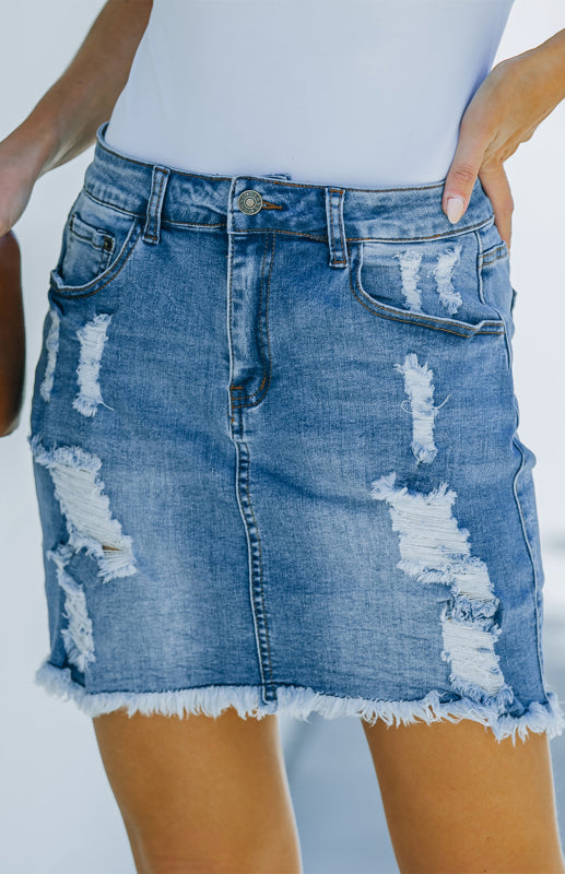 High Waist Blue Distressed Raw Hem Denim Mini Skirt Zip Button Pocket