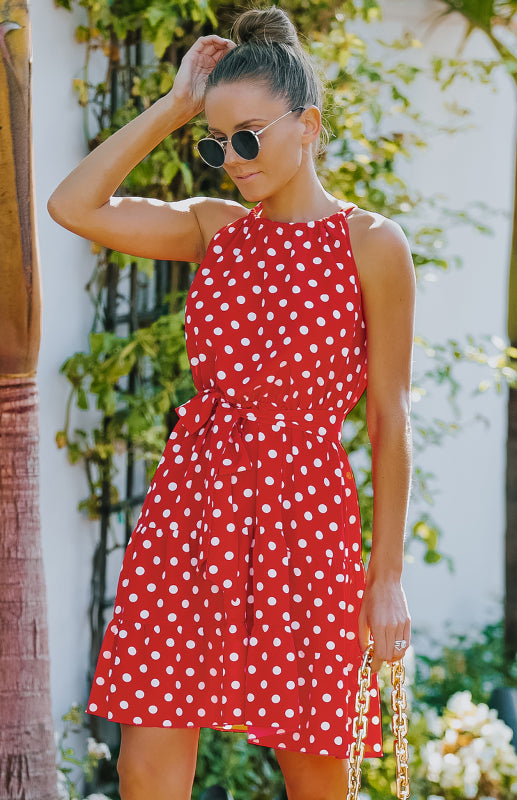 Women's Summer Round Neck Sleeveless Chiffon Polka Dot Dress