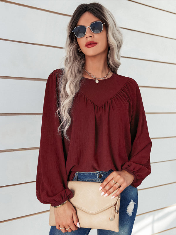 Women’s Loose Fit Solid Color Long Sleeve Linen Blouse With Pleated V Hem Across The Chest