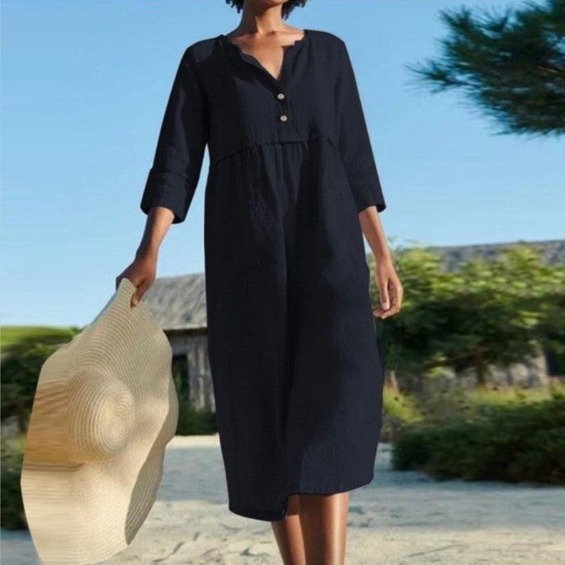 Round Neck Button Pocket Cotton Linen Long Sleeve Solid Color Dress