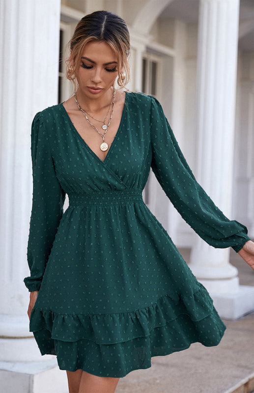 Ladies V-Neck Dress With Long Sleeves And Flounces