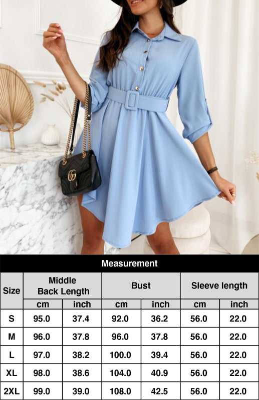 Lapel Button Solid Color Roll Sleeves Nipped Waist Shirt Dress