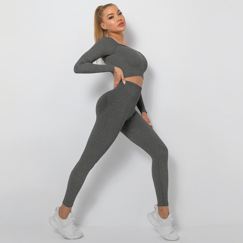 Women's Seamless High Waist Peach Gym Pants Long Sleeve Sports Two-piece Set