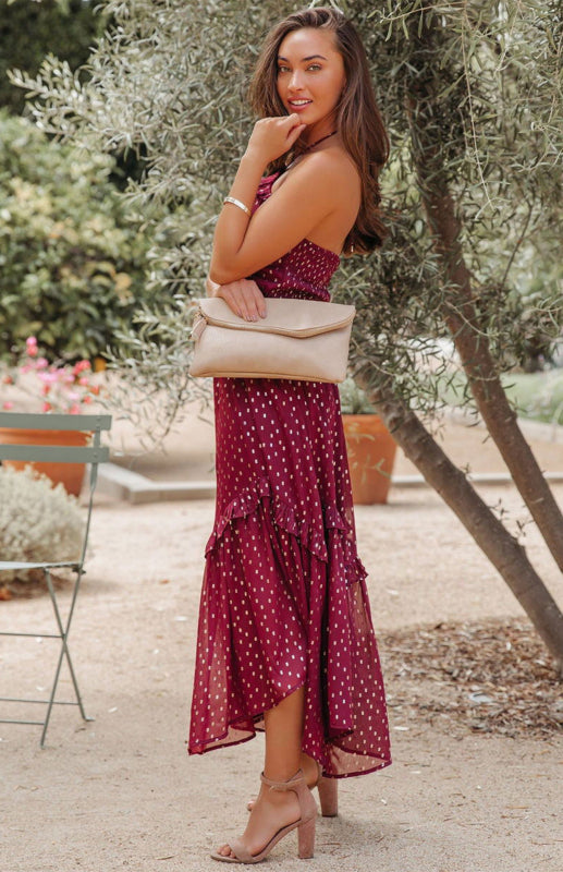 Red Polka Dot Print Ruffled Halter Neck Backless Long Dress