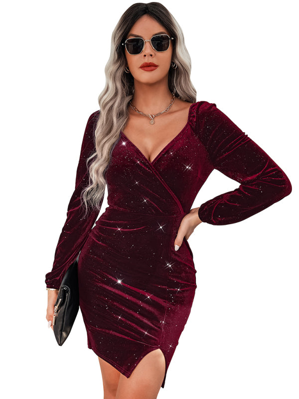 Women's sexy hip wrap skirt fashion V-neck velvet dress