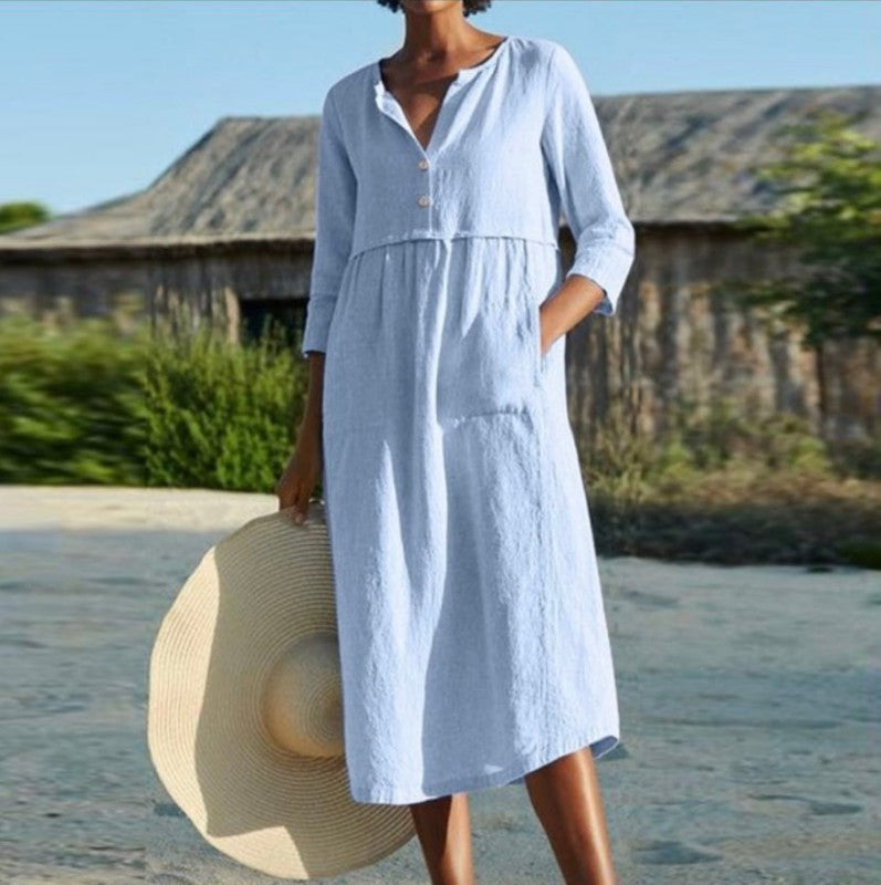 Round Neck Button Pocket Cotton Linen Long Sleeve Solid Color Dress