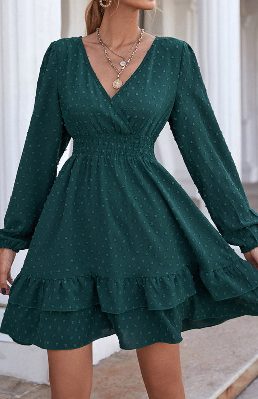 Ladies V-Neck Dress With Long Sleeves And Flounces