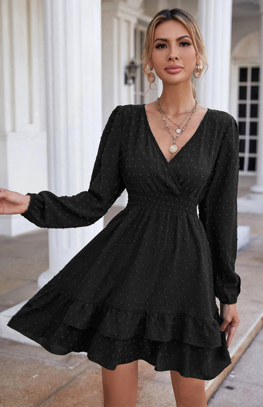 Ladies V-Neck Dress With Long Sleeves And Flounces