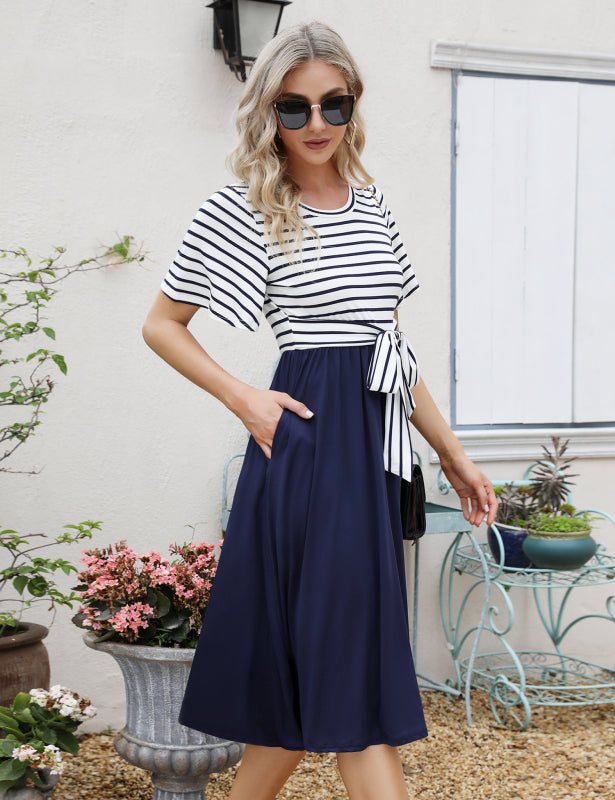 Ladies Casual Fashion Tie Waist Striped Dress