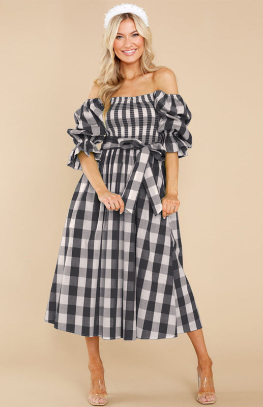 Women's Plaid Waist Wrap Chest Tie Sexy Print Casual Dress