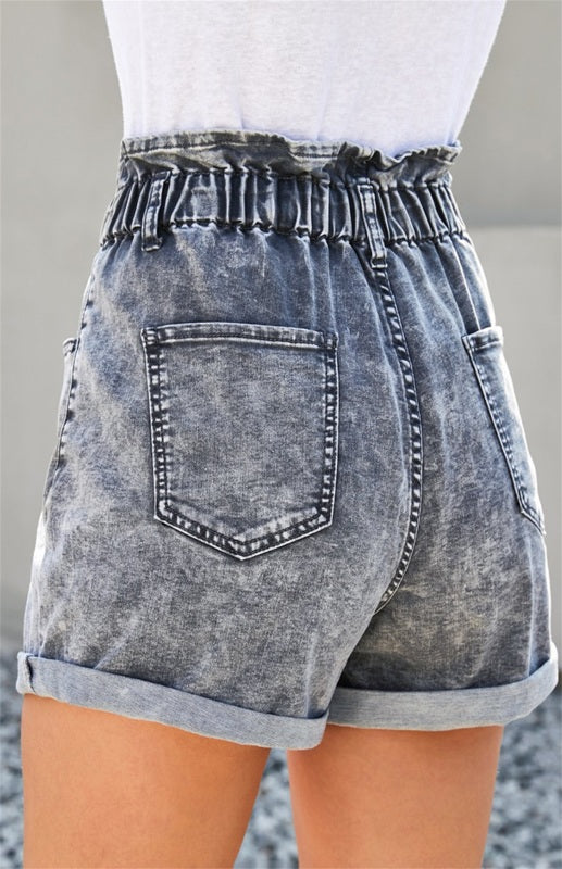 Women's Gray Ruffled High Waist Buttoned Denim Shorts