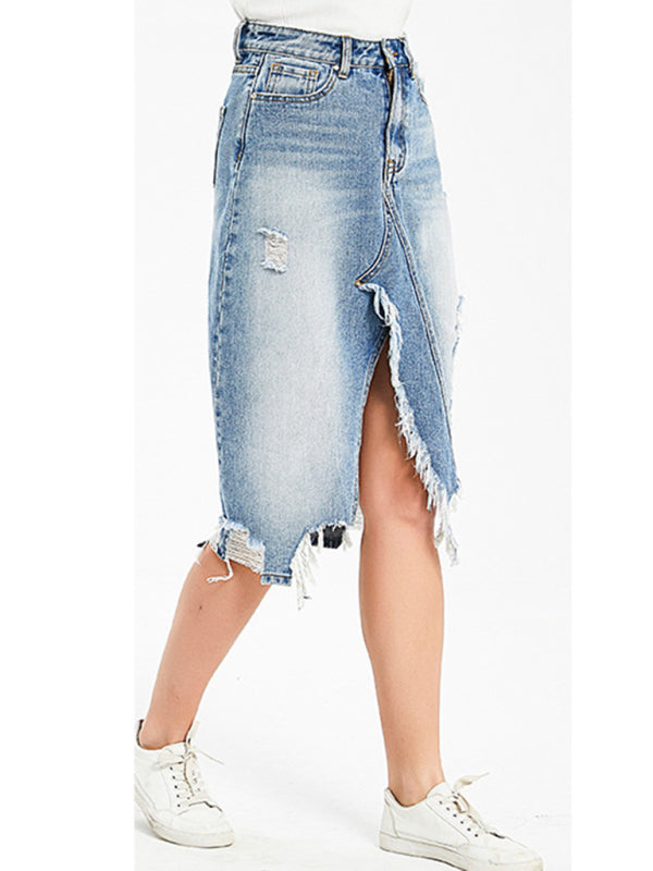 Women's Irregular fringed ripped butt-lifting denim midi skirt