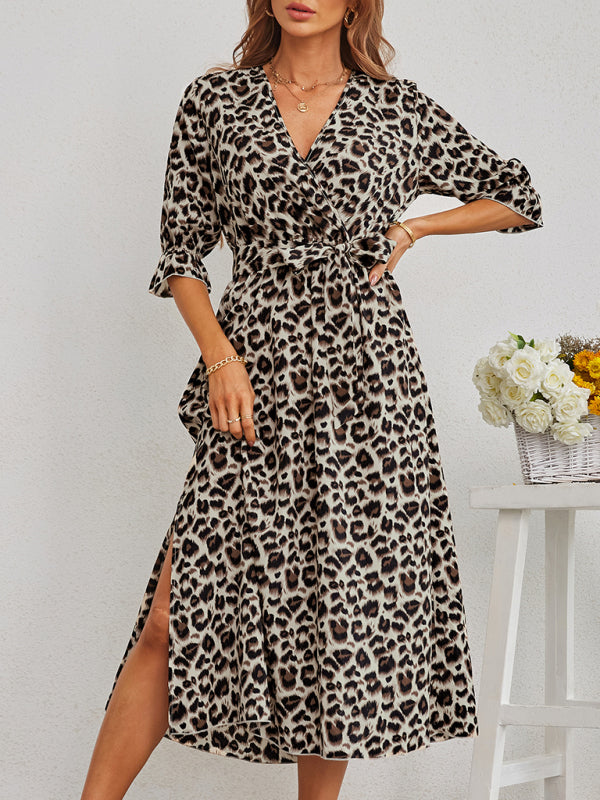 Women's fashion leopard print split dress