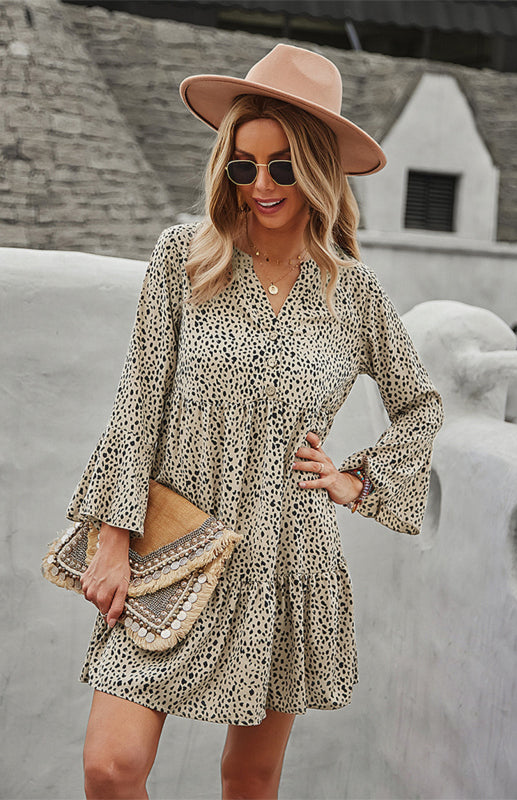 Women's Fashion Leopard Print V-Neck Dress