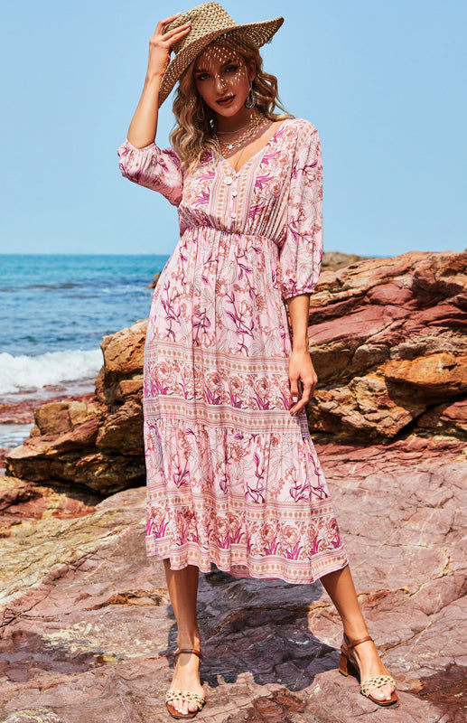 Women'S 3/4 Sleeve Boho Print Maxi Dress