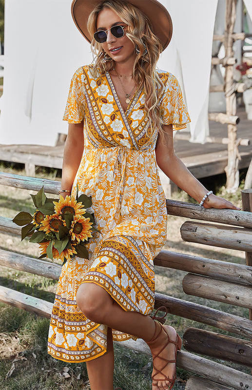 V-neck flared-sleeve tie-in-waist floral-print panel ruffle maxi dress