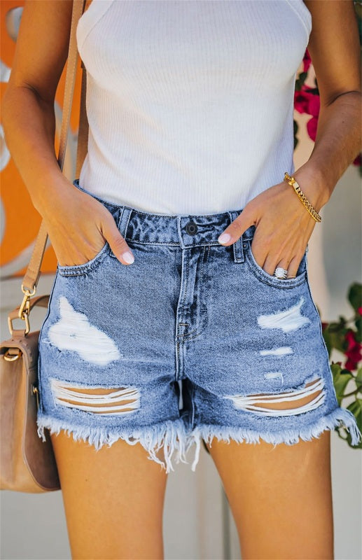 Women's Raw Hem Distressed High Rise Denim Shorts