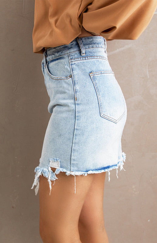 Vintage High Waist Sky Blue Fading Frayed Hem Denim Skirt