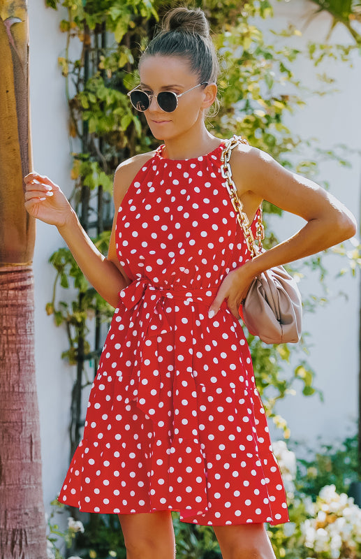 Women's Summer Round Neck Sleeveless Chiffon Polka Dot Dress