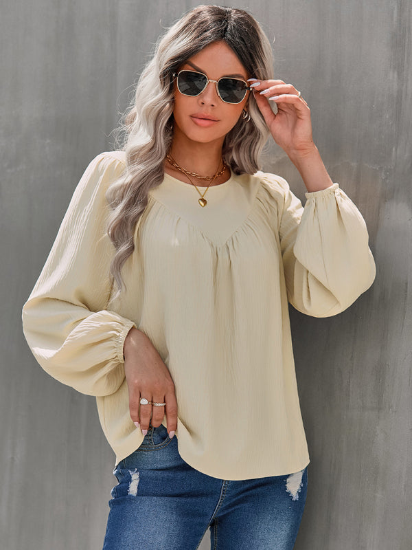 Women’s Loose Fit Solid Color Long Sleeve Linen Blouse With Pleated V Hem Across The Chest