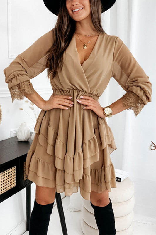 Women's Woven V-Neck Chiffon Elegant Ruffle Dress