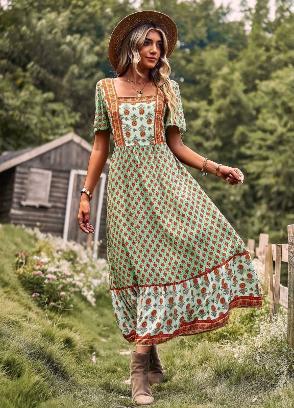 Women's Neck Bohemian Short Sleeve Midi Dress