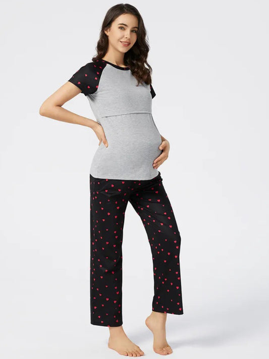 Women's printed maternity short sleeve round neck nursing home clothes