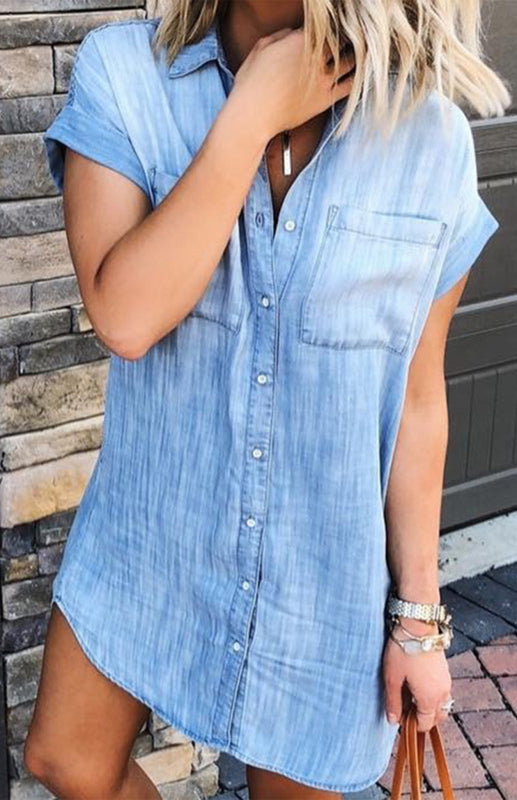 Shirt Collar Solid Color Denim Single-Breasted Women's Shirts
