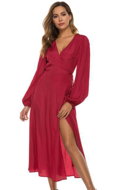 Women’s Solid Color Surplice V Neck Puff Sleeve With Elastic Cuffs Wrap Midi Dress
