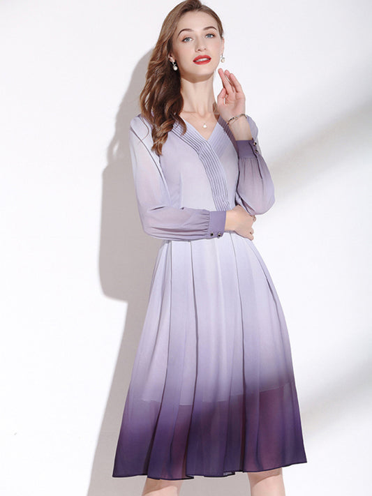 Women’s Pleated V Neck Long Sleeve Midi Faux Wrap Silhouette Dress