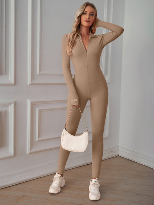 Women's casual and comfortable high-elastic slim-fit long-sleeved jumpsuit